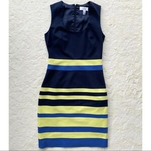 Belle Badgley Mischka Sz 2 Blue Satin Lined Horseshoe Neck Sheath Pencil Dress